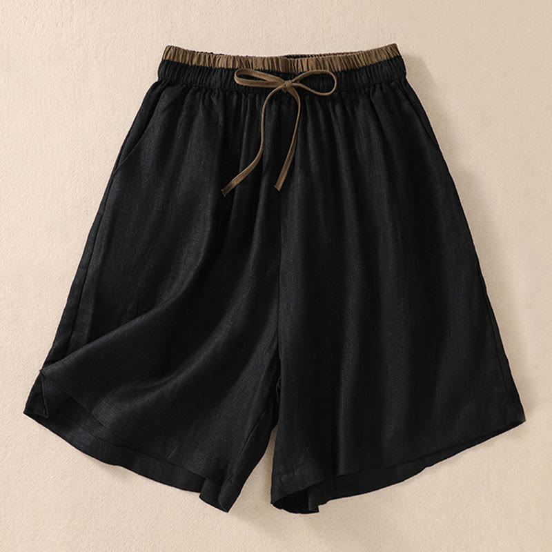 Pantalones cortos de lino y algodón con cintura con contraste de color liso y bolsillos para mujer con Buddha Stones - Negro - US8-10，UK/AU12-14，EU40-42 (2XL) - image 9