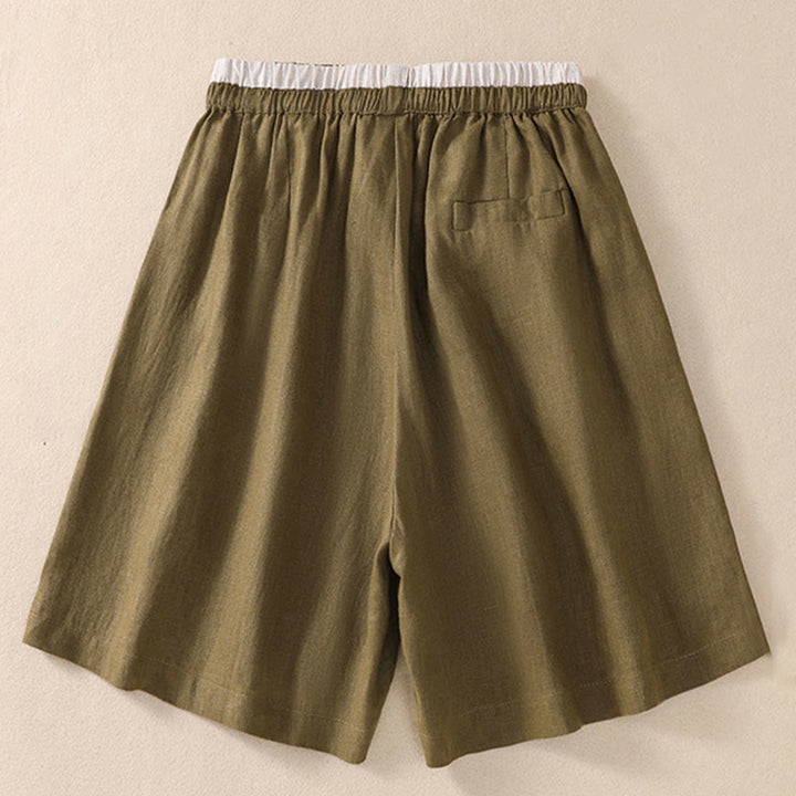 Pantalones cortos de lino y algodón con cintura con contraste de color liso y bolsillos para mujer con Buddha Stones - image 14