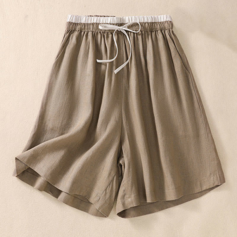 Pantalones cortos de lino y algodón con cintura con contraste de color liso y bolsillos para mujer con Buddha Stones - Caqui oscuro - US8-10，UK/AU12-14，EU40-42 (2XL) - image 1
