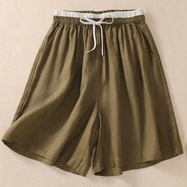 Pantalones cortos de lino y algodón con cintura con contraste de color liso y bolsillos para mujer con Buddha Stones - Aceituna - US8-10，UK/AU12-14，EU40-42 (2XL) - image 13