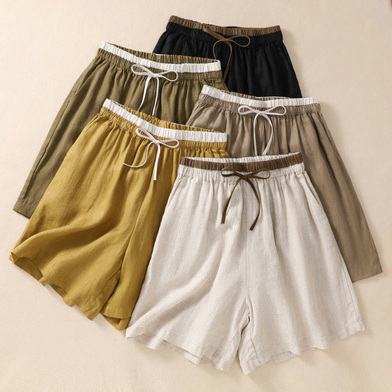 Pantalones cortos de lino y algodón con cintura con contraste de color liso y bolsillos para mujer con Buddha Stones - image 0