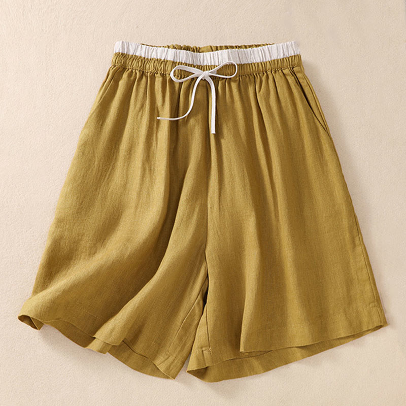 Pantalones cortos de lino y algodón con cintura con contraste de color liso y bolsillos para mujer con Buddha Stones - image 18