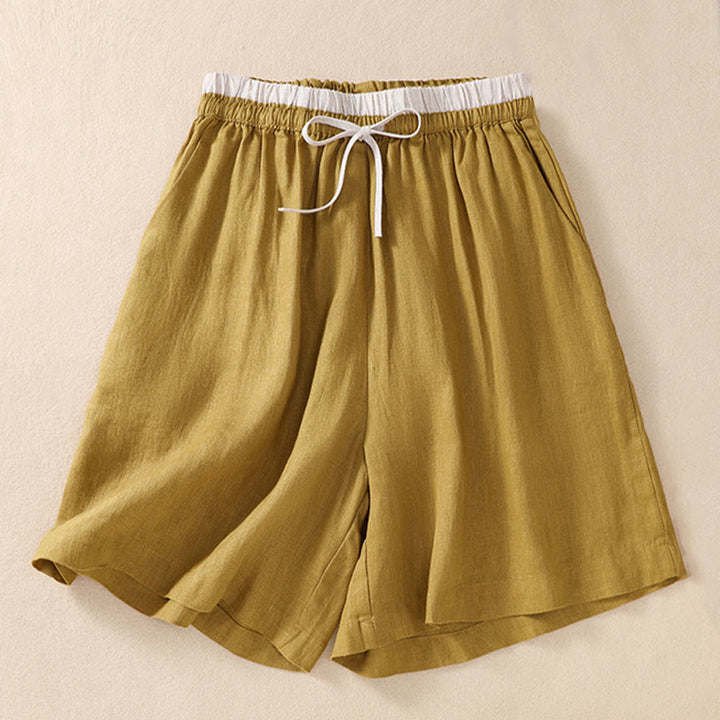 Pantalones cortos de lino y algodón con cintura con contraste de color liso y bolsillos para mujer con Buddha Stones - image 18