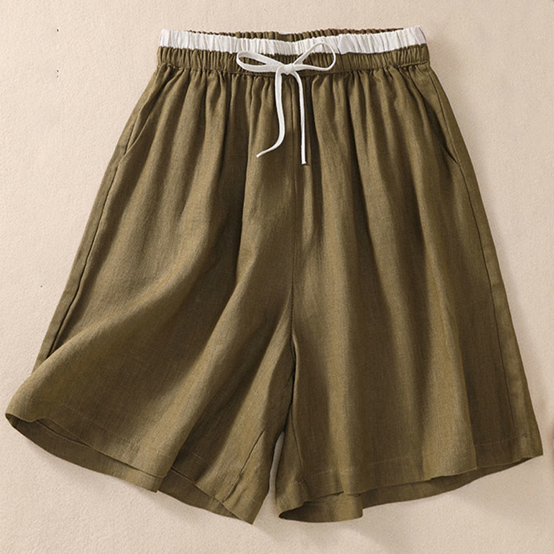 Pantalones cortos de lino y algodón con cintura con contraste de color liso y bolsillos para mujer con Buddha Stones - image 13