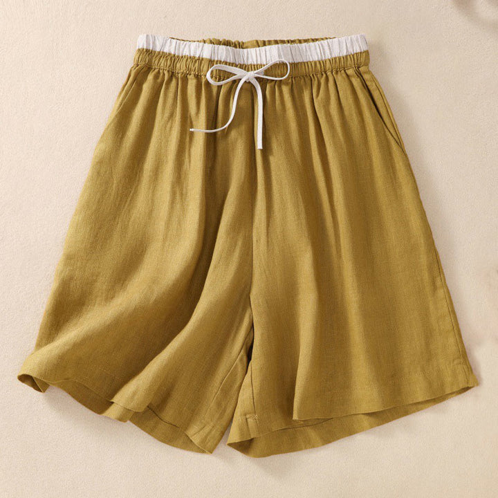 Pantalones cortos de lino y algodón con cintura con contraste de color liso y bolsillos para mujer con Buddha Stones - image 21