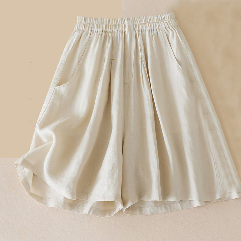 Pantalones cortos de lino y algodón de color liso y casual con Buddha Stones para mujer con bolsillos - Beige - US12, UK/AU16, EU44 (3XL) - image 0