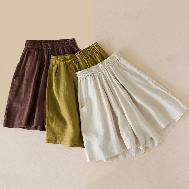 Pantalones cortos de lino y algodón de color liso y casual con Buddha Stones para mujer con bolsillos - image 1