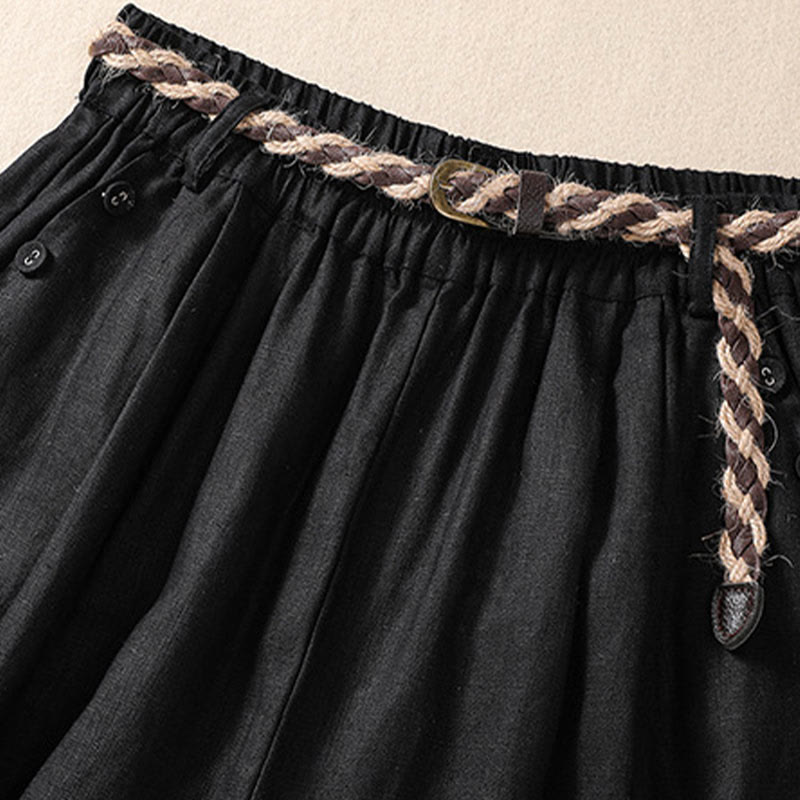Pantalones cortos de lino y algodón para mujer con bolsillos y cinturón con puños vueltos de color liso y Buddha Stones - image 10