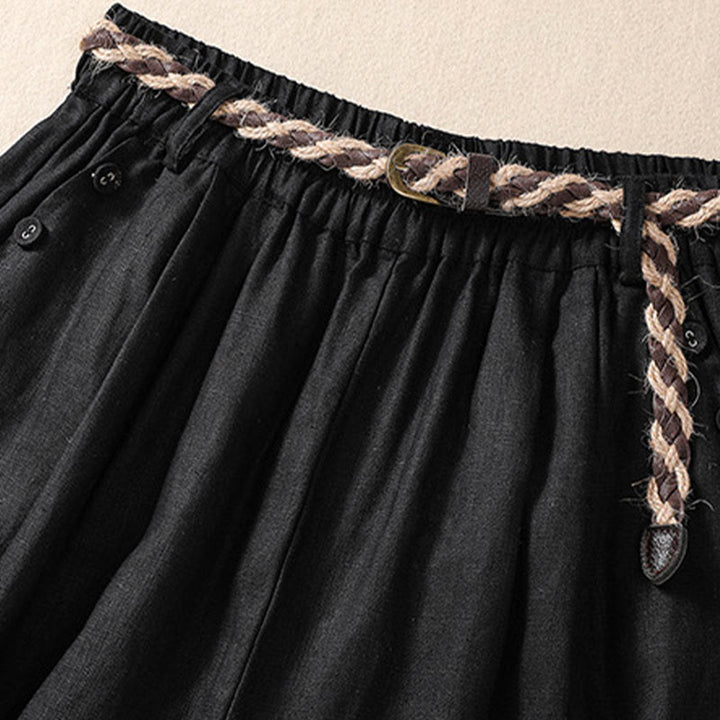 Pantalones cortos de lino y algodón para mujer con bolsillos y cinturón con puños vueltos de color liso y Buddha Stones - image 10
