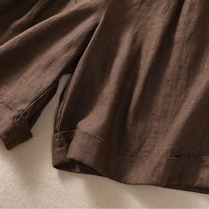 Pantalones cortos de lino y algodón para mujer con bolsillos y cinturón con puños vueltos de color liso y Buddha Stones - image 17