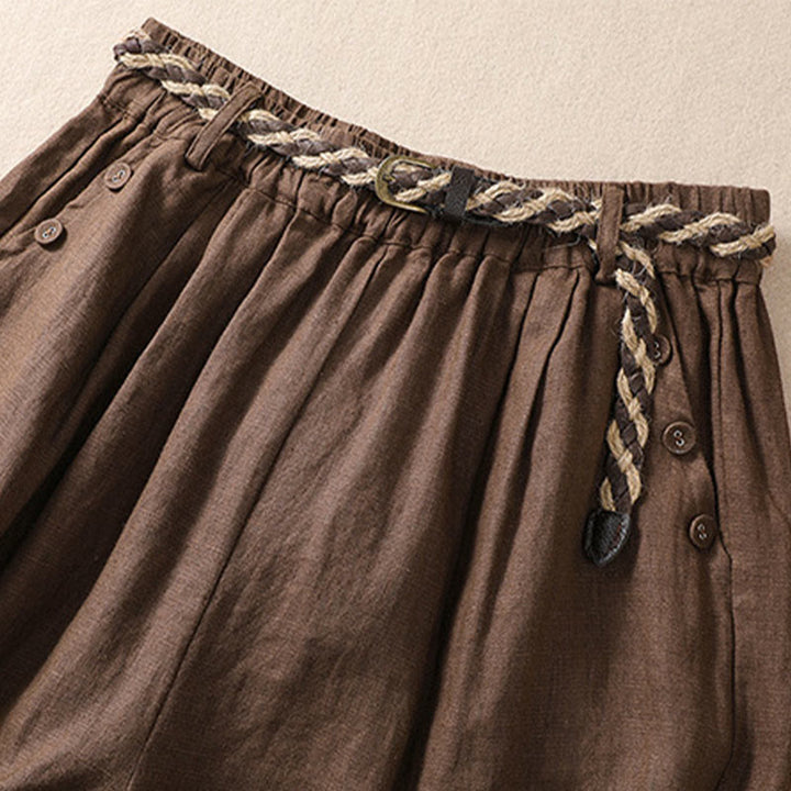 Pantalones cortos de lino y algodón para mujer con bolsillos y cinturón con puños vueltos de color liso y Buddha Stones - image 13
