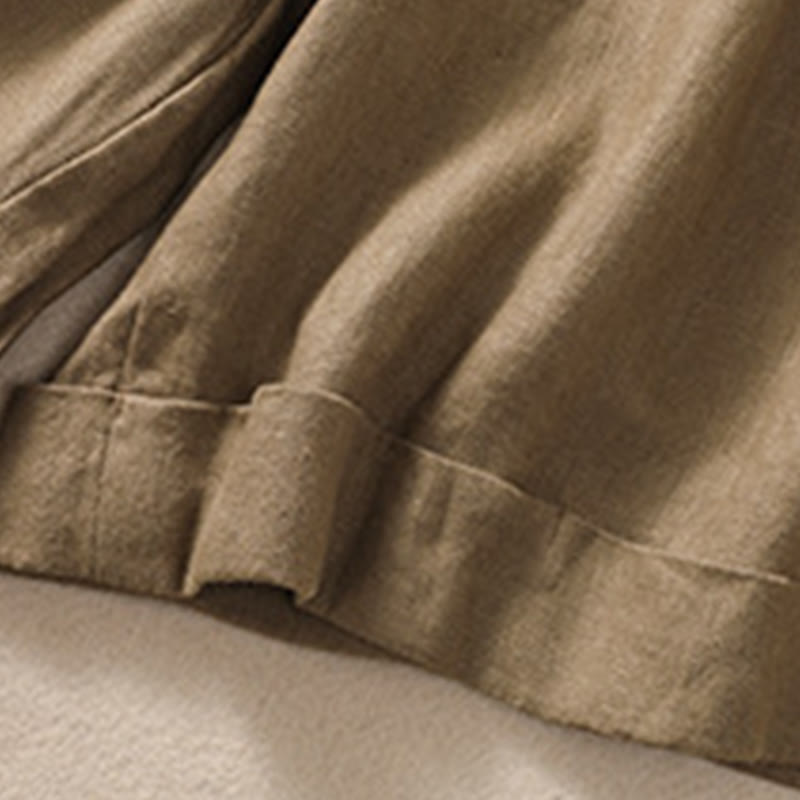 Pantalones cortos de lino y algodón para mujer con bolsillos y cinturón con puños vueltos de color liso y Buddha Stones - image 7