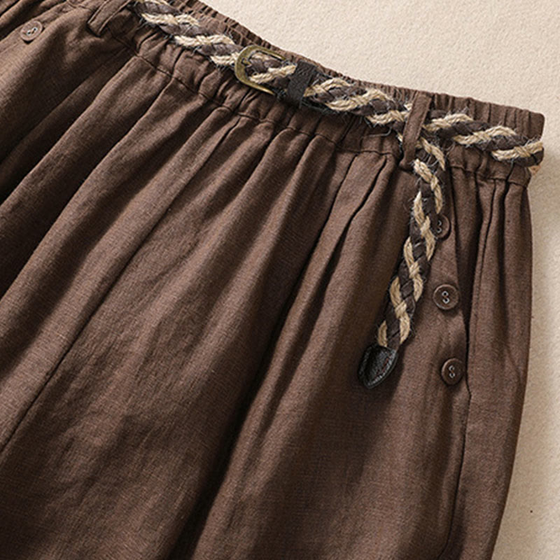 Pantalones cortos de lino y algodón para mujer con bolsillos y cinturón con puños vueltos de color liso y Buddha Stones - image 14