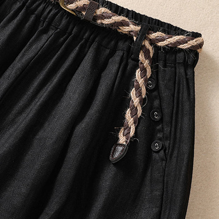 Pantalones cortos de lino y algodón para mujer con bolsillos y cinturón con puños vueltos de color liso y Buddha Stones - image 11