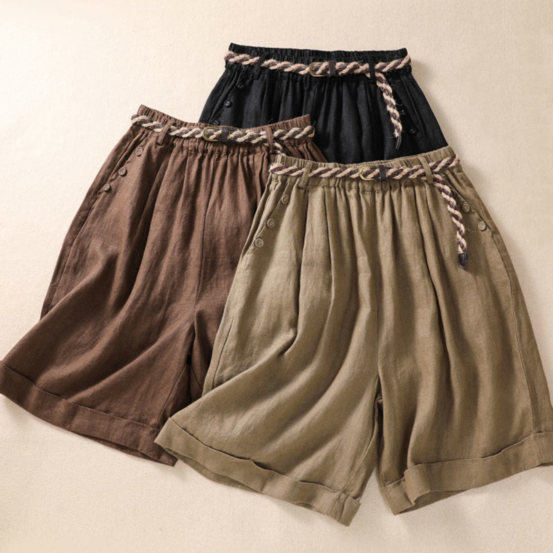 Pantalones cortos de lino y algodón para mujer con bolsillos y cinturón con puños vueltos de color liso y Buddha Stones - image 1