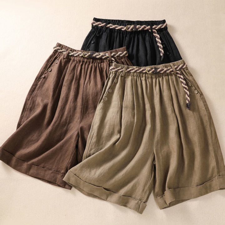Pantalones cortos de lino y algodón para mujer con bolsillos y cinturón con puños vueltos de color liso y Buddha Stones - image 1