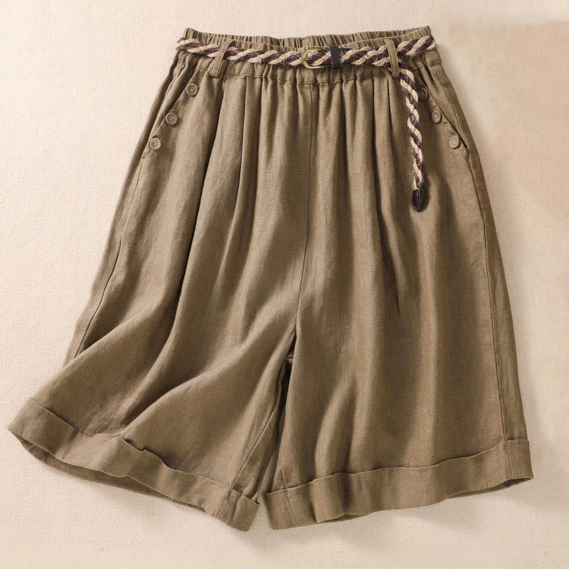 Pantalones cortos de lino y algodón para mujer con bolsillos y cinturón con puños vueltos de color liso y Buddha Stones - Caqui oscuro - US8-10，UK/AU12-14，EU40-42 (2XL) - image 0