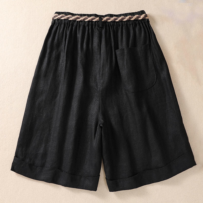 Pantalones cortos de lino y algodón para mujer con bolsillos y cinturón con puños vueltos de color liso y Buddha Stones - image 9