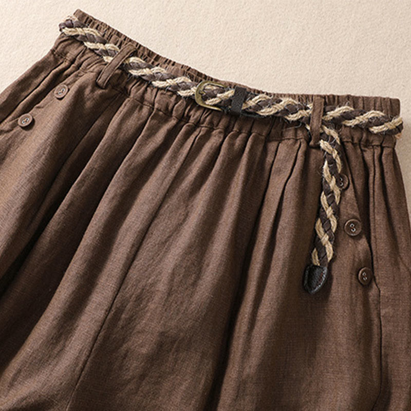 Pantalones cortos de lino y algodón para mujer con bolsillos y cinturón con puños vueltos de color liso y Buddha Stones - image 13