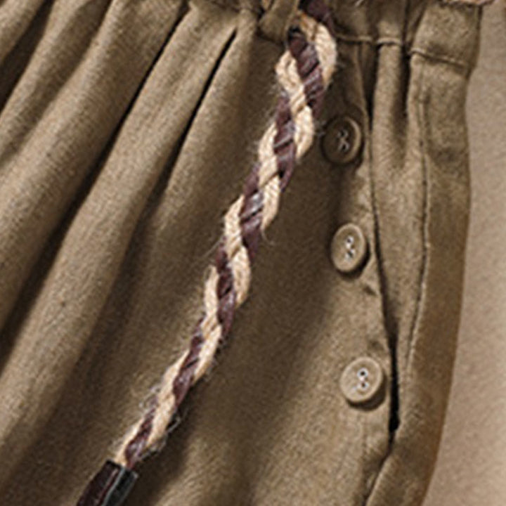 Pantalones cortos de lino y algodón para mujer con bolsillos y cinturón con puños vueltos de color liso y Buddha Stones - image 4