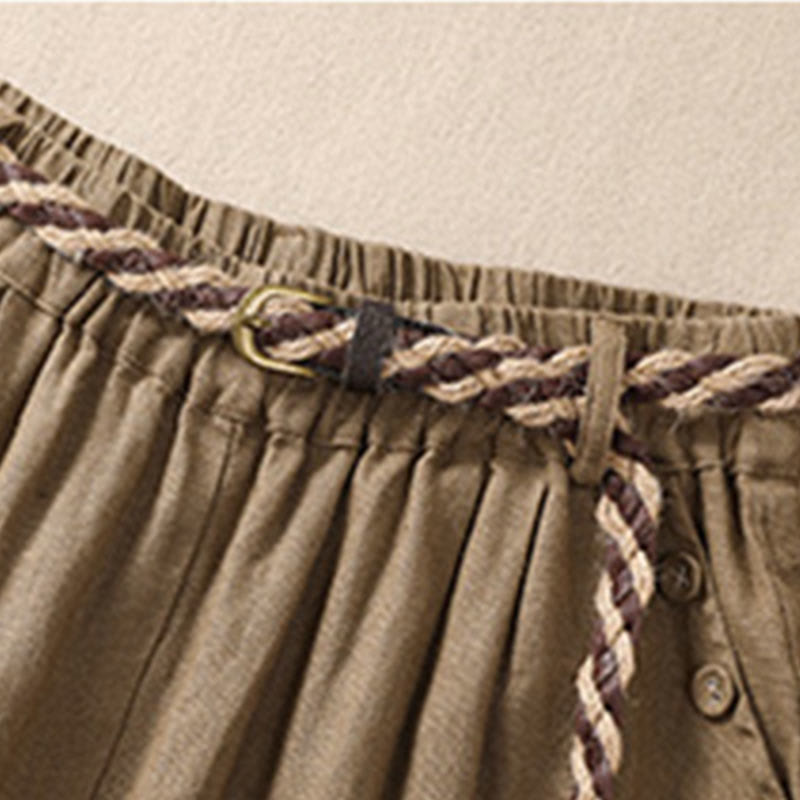 Pantalones cortos de lino y algodón para mujer con bolsillos y cinturón con puños vueltos de color liso y Buddha Stones - image 3
