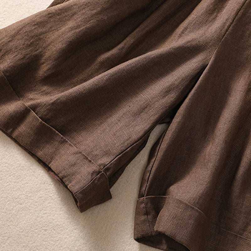 Pantalones cortos de lino y algodón para mujer con bolsillos y cinturón con puños vueltos de color liso y Buddha Stones - image 16
