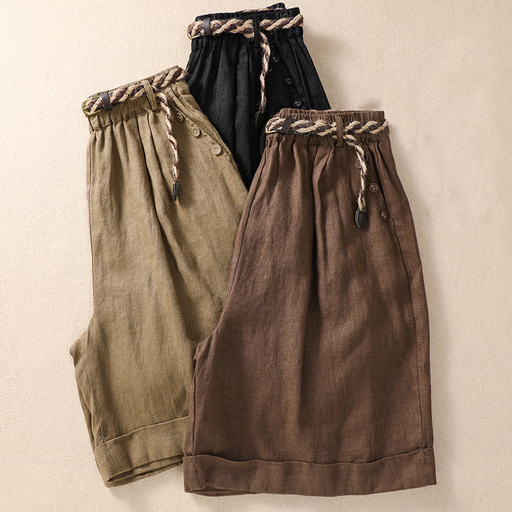 Pantalones cortos de lino y algodón para mujer con bolsillos y cinturón con puños vueltos de color liso y Buddha Stones - image 18