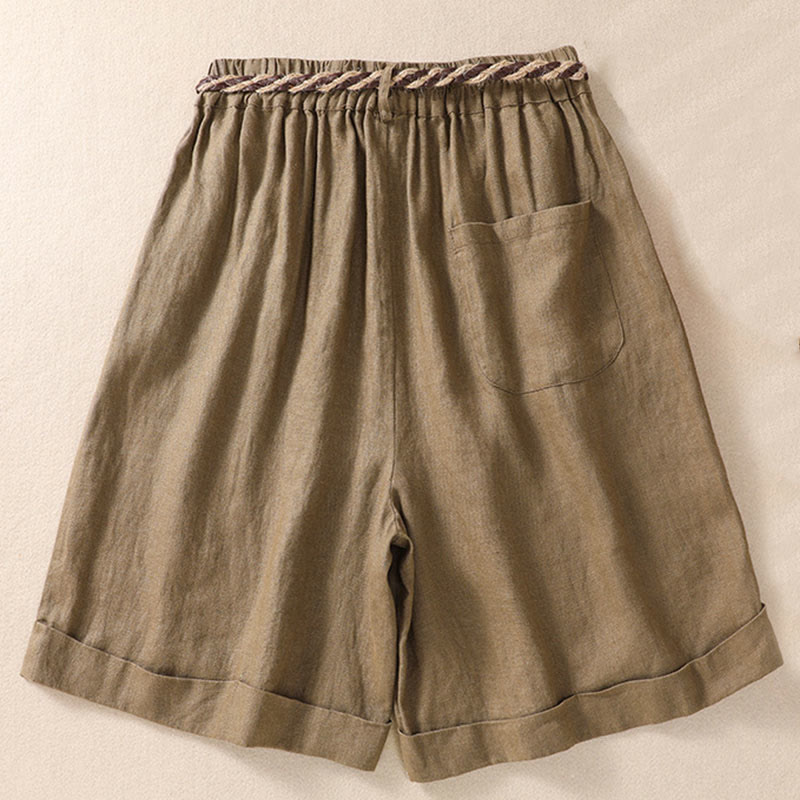 Pantalones cortos de lino y algodón para mujer con bolsillos y cinturón con puños vueltos de color liso y Buddha Stones - image 2