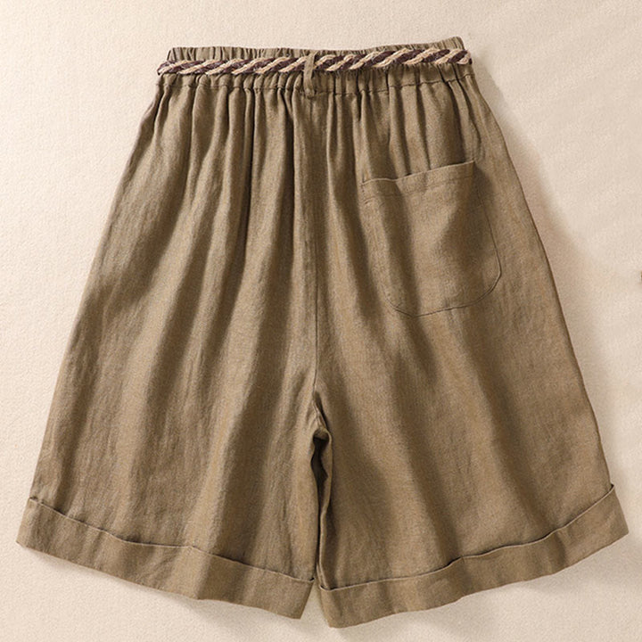 Pantalones cortos de lino y algodón para mujer con bolsillos y cinturón con puños vueltos de color liso y Buddha Stones - image 2