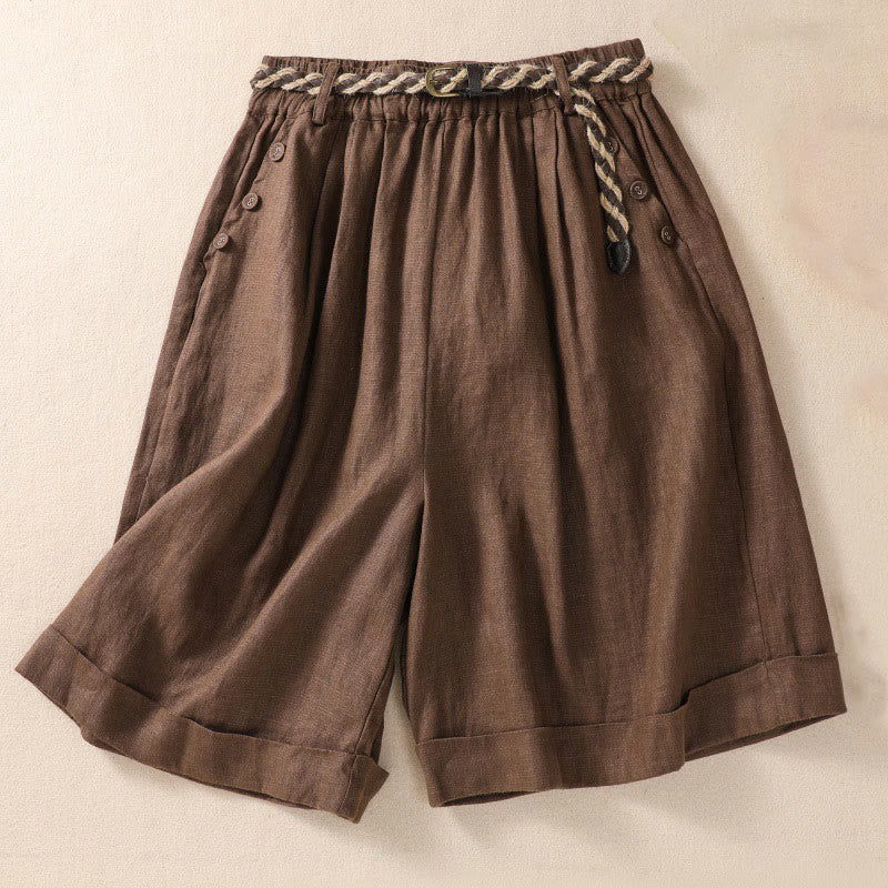 Pantalones cortos de lino y algodón para mujer con bolsillos y cinturón con puños vueltos de color liso y Buddha Stones - Tierra de siena - US8-10，UK/AU12-14，EU40-42 (2XL) - image 12