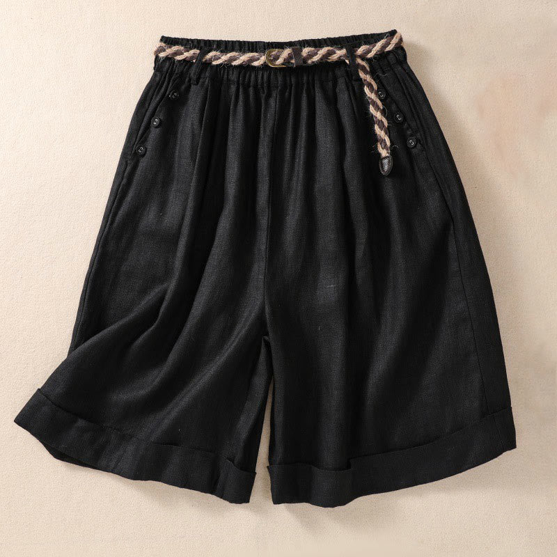 Pantalones cortos de lino y algodón para mujer con bolsillos y cinturón con puños vueltos de color liso y Buddha Stones - Negro - US8-10，UK/AU12-14，EU40-42 (2XL) - image 8