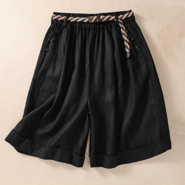 Pantalones cortos de lino y algodón para mujer con bolsillos y cinturón con puños vueltos de color liso y Buddha Stones - Negro - US8-10，UK/AU12-14，EU40-42 (2XL) - image 8