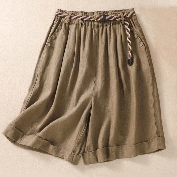 Pantalones cortos de lino y algodón para mujer con bolsillos y cinturón con puños vueltos de color liso y Buddha Stones - Caqui oscuro - US8-10，UK/AU12-14，EU40-42 (2XL) - image 0