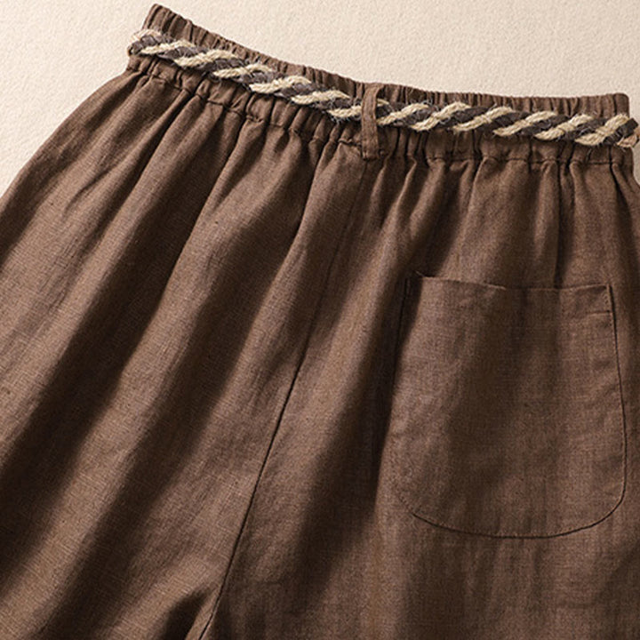 Pantalones cortos de lino y algodón para mujer con bolsillos y cinturón con puños vueltos de color liso y Buddha Stones - image 15