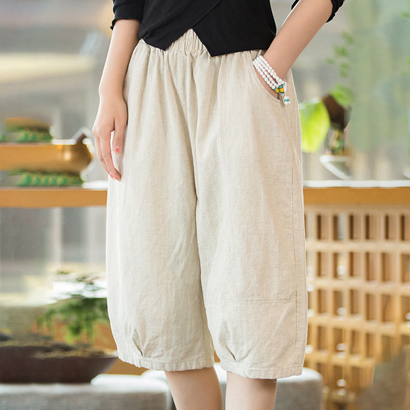 Pantalones cortos casuales de algodón y ramio de color liso con bolsillos para mujer de Buddha Stones - Beige - US4-6, UK/AU8-10, EU36-38 (F) - image 20