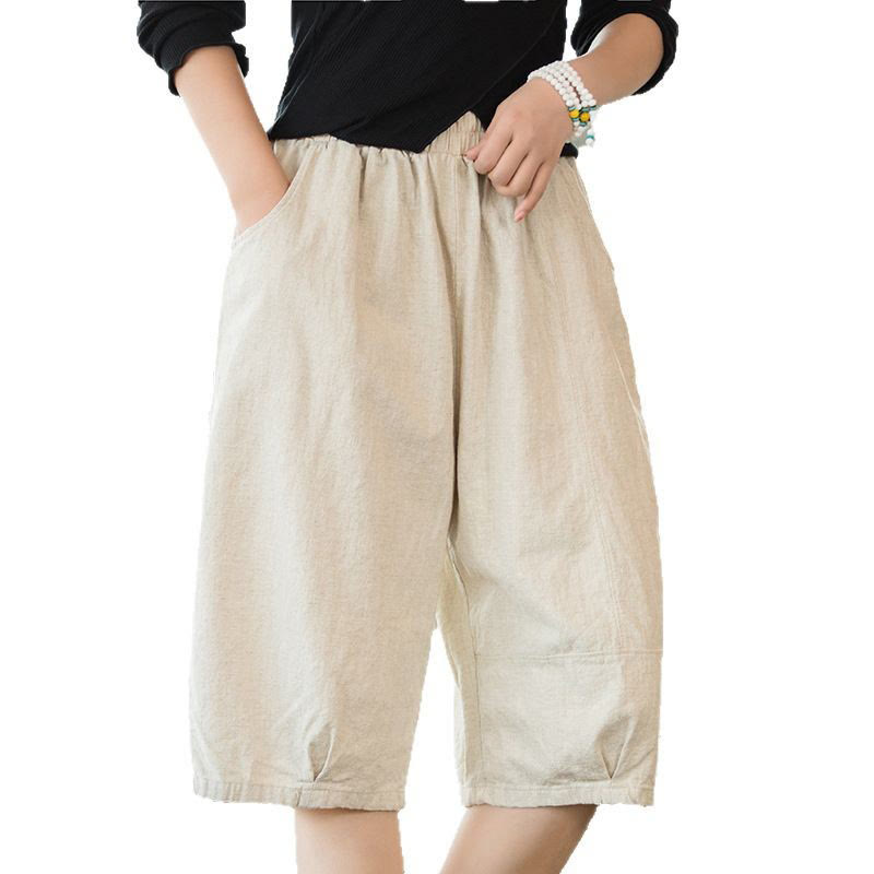 Pantalones cortos casuales de algodón y ramio de color liso con bolsillos para mujer de Buddha Stones - image 26