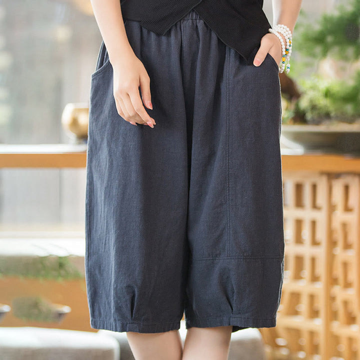 Pantalones cortos casuales de algodón y ramio de color liso con bolsillos para mujer de Buddha Stones - image 14
