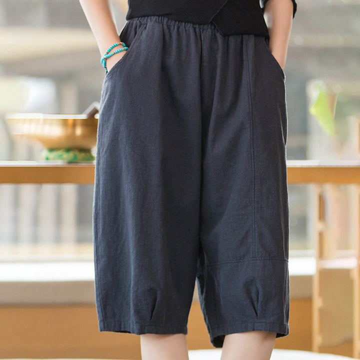 Pantalones cortos casuales de algodón y ramio de color liso con bolsillos para mujer de Buddha Stones - Azul oscuro - US4-6, UK/AU8-10, EU36-38 (F) - image 13