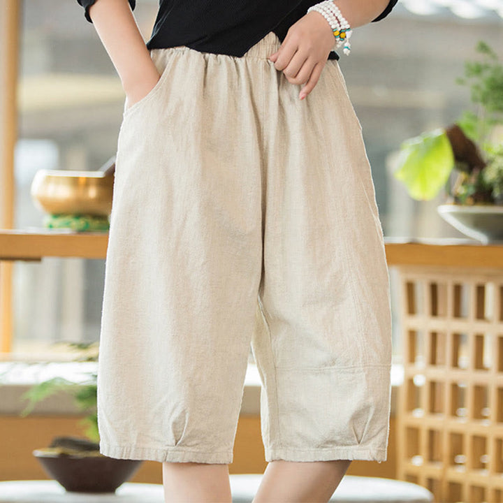 Pantalones cortos casuales de algodón y ramio de color liso con bolsillos para mujer de Buddha Stones - image 21