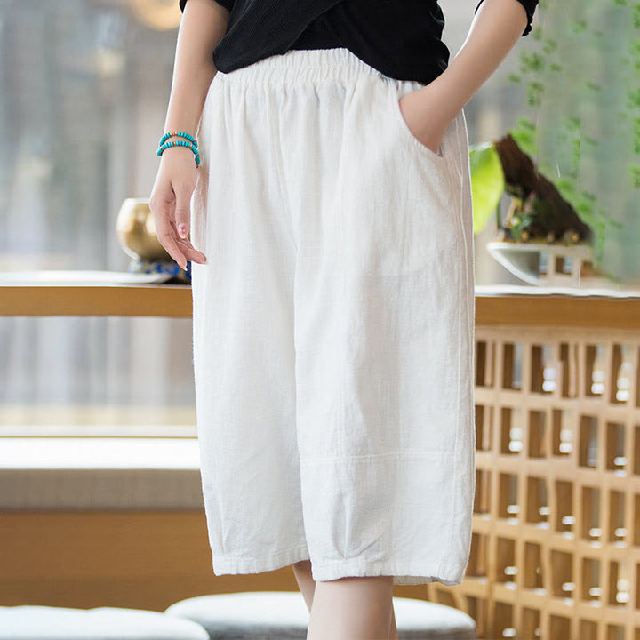 Pantalones cortos casuales de algodón y ramio de color liso con bolsillos para mujer de Buddha Stones - Blanco - US4-6, UK/AU8-10, EU36-38 (F) - image 6