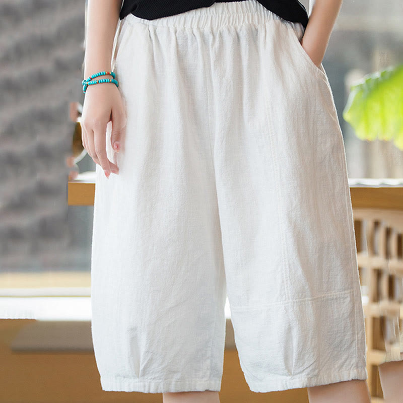Pantalones cortos casuales de algodón y ramio de color liso con bolsillos para mujer de Buddha Stones - image 8