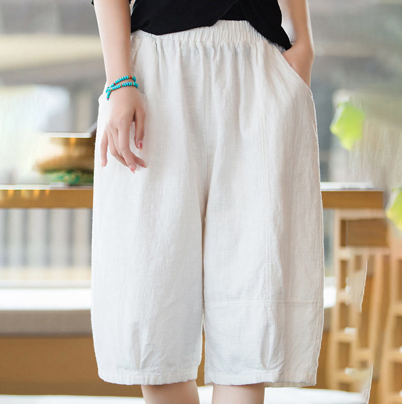 Pantalones cortos casuales de algodón y ramio de color liso con bolsillos para mujer de Buddha Stones - image 9