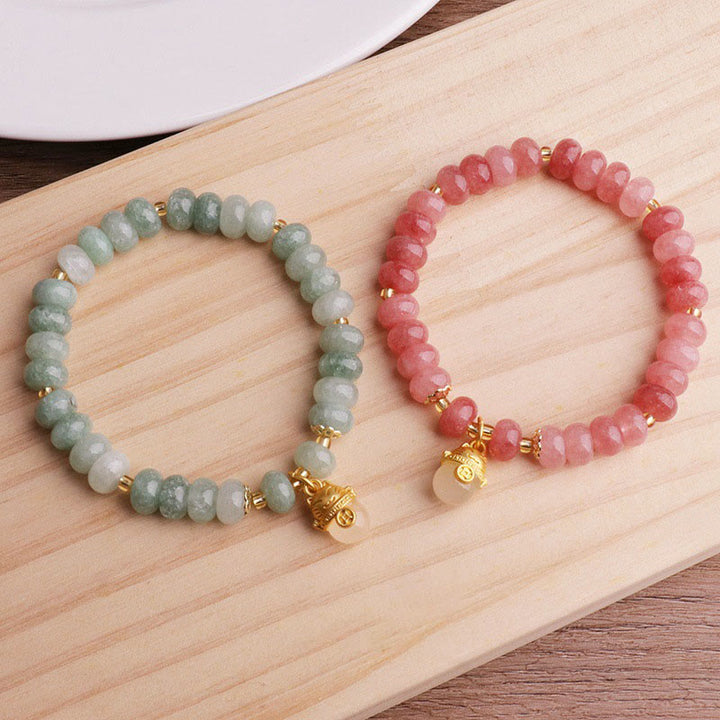 Pulsera curativa con cuentas de gato de la suerte de jade cian y cuarzo fresa y Buddha Stones