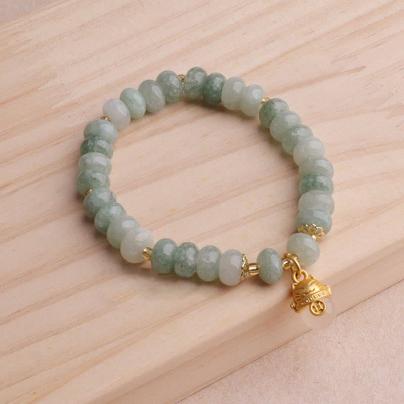 Pulsera curativa con cuentas de gato de la suerte de jade cian y cuarzo fresa y Buddha Stones