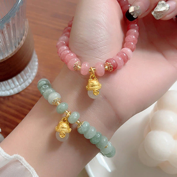 Pulsera curativa con cuentas de gato de la suerte de jade cian y cuarzo fresa y Buddha Stones