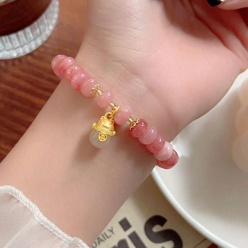 Pulsera curativa con cuentas de gato de la suerte de jade cian y cuarzo fresa y Buddha Stones