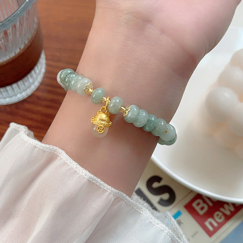 Pulsera curativa con cuentas de gato de la suerte de jade cian y cuarzo fresa y Buddha Stones