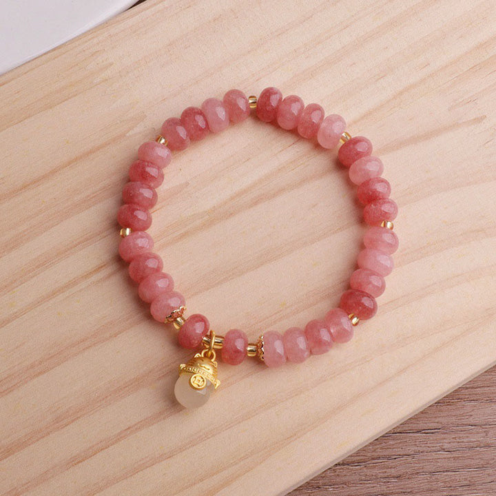 Pulsera curativa con cuentas de gato de la suerte de jade cian y cuarzo fresa y Buddha Stones
