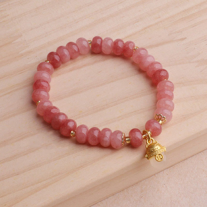 Pulsera curativa con cuentas de gato de la suerte de jade cian y cuarzo fresa y Buddha Stones