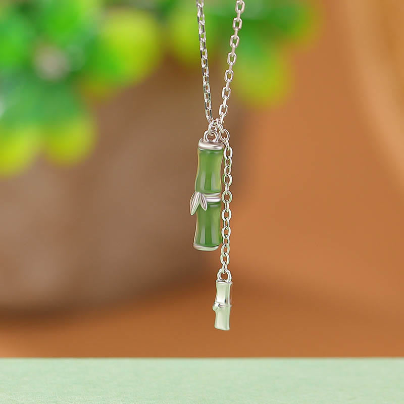 Collar con colgante de plata de ley 925 con Buddha Stones, jade hetiano y bambú